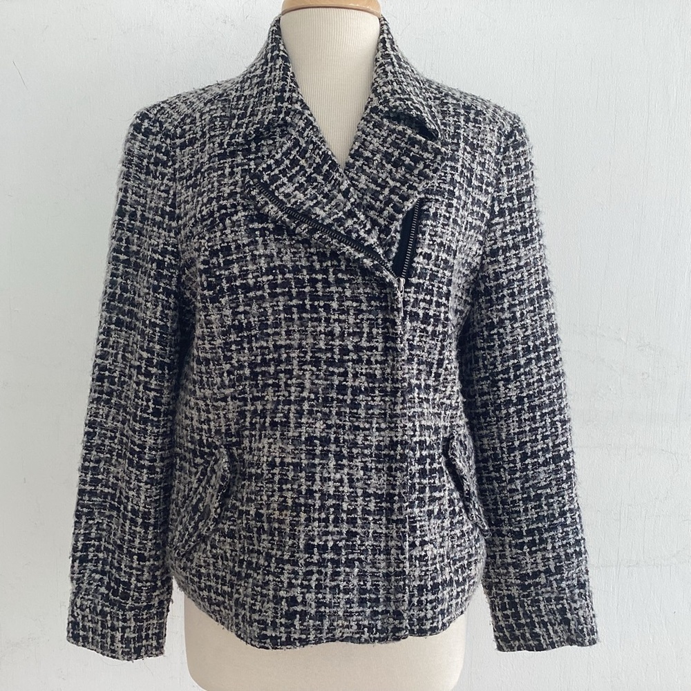 Boucle Black / White Tweed Moto Style Zip Up Jacket 12